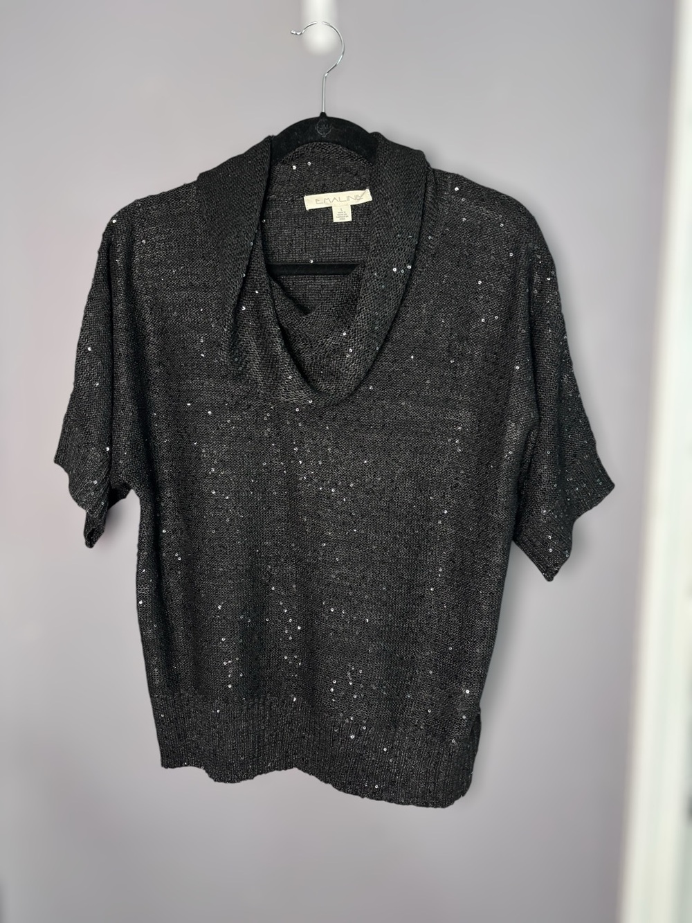 Emaline Black Cowl Neck Sequin Short Sleeve Shimmery Sweater Large